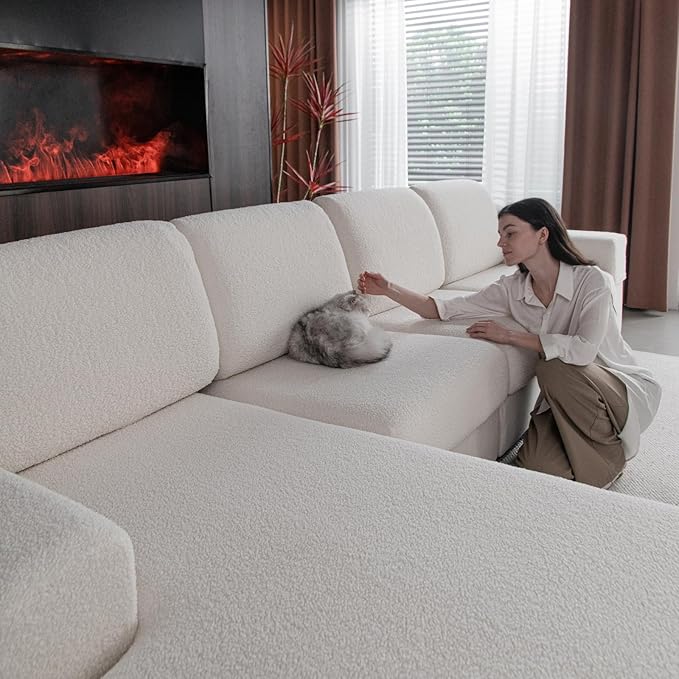 Couch Cushion Covers for Sectional Sofa, Stretch Soft Sofa Slipcovers Washable Wear-Resistant Universal Furniture Protector for Living Room(2 Seaters Covers+1 Chaise Cover, Ivory)