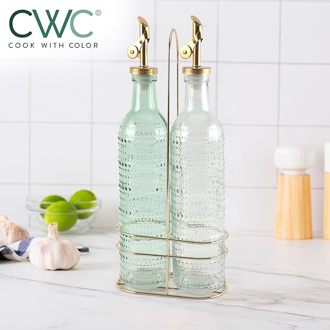 COOK WITH COLOR Glass Olive Oil Bottle Dispenser - 2 Pack- 17oz Oil and Vinegar Cruet - Olive Oil Carafe Decanter for Kitchen