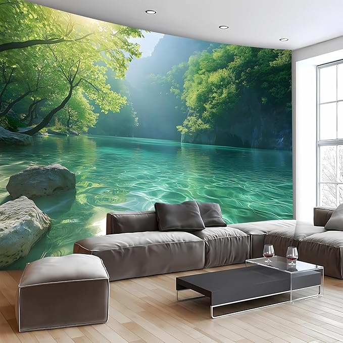 BSFHH Nature Tapestry Forest Tree Sea Cave Wall Hanging, Stream Through Rainforest Landscape Wall Art Tapestry for Bedroom Living room (Lake View, 79"×59", Unframed)