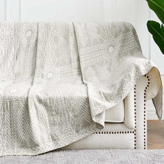 JINCHAN Boho 100% Cotton Muslin Blanket 3-Layer Queen Size 80x90 Inches Geometric Light Grey Lightweight Reversible Soft Comfy Throw for Couch Sofa Bed Coverlet Quilt Large Blanket Bedroom All Seasons