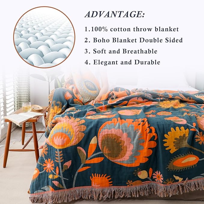 Snycler Boho Throw Blanket for Bed, 100% Organic Cotton Muslin Soft Throw-Orange Boho Floral Farmhouse Rustic Spring Summer Fall Decor Blanket for Couch Sofa Quilt and Gift, 80" x 90"