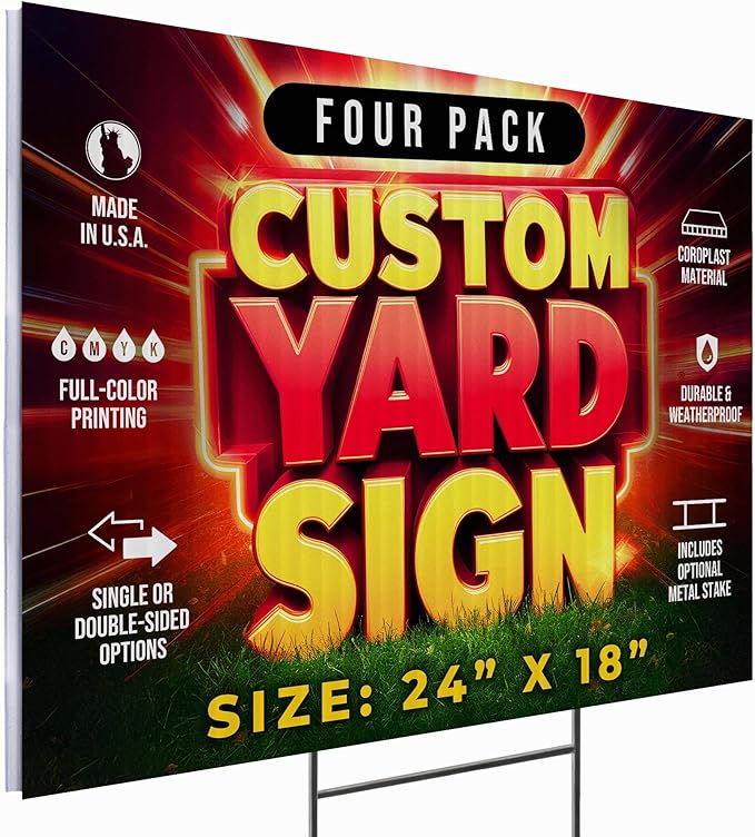 4 Pack 24"x18" Custom Yard Signs with Stakes, Personalized Yard Signs for Outdoors, Customized Full Color Print Corrugated Signs for Business