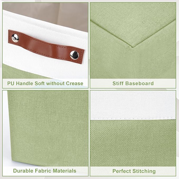 Storage Bins Large Fabric Storage Baskets for Shelves 3 Pack, Decorative Linen Closet Baskets with Handles for Organizing, Shelf, Clothes, Home, Office, 15x11x9.5Inches (Green&White)