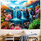 Delur Waterfall Tapestry Tropical Forest Mountain Sunset Tree Wall Hanging Tapestry Scenic Rainforest Landscape Nature Sunrise Headboard for Bedroom Living Room Home Decor (51.2" x 59.1")