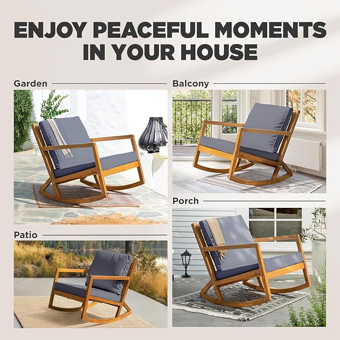IDZO Club Rocking Chair 500lbs Capacity with Inclined Backrest, Thick Foam Cushion, Solid Acacia Wood Rocker for Patio, Backyard, Balcony, Porch, Grey