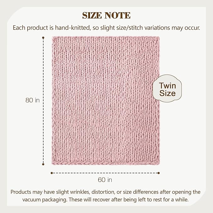 Carriediosa Chunky Knit Throw Blanket 60" X 80" Twin, 100% Hand Made Large Chenille Loop Yarn Soft Fluffy Throws for Couch Sofa Bed, Big Crochet Cozy Heavy Thick Cable Woven Blankets, Dusty Pink