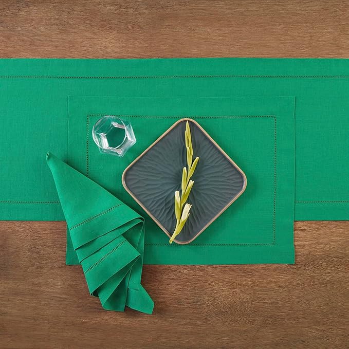 Solino Home Linen Hemstitch Table Runner 120 Inches Long - 100% Pure Linen Emerald Green Table Runner 14 x 120 Inch - Classic Hemstitch