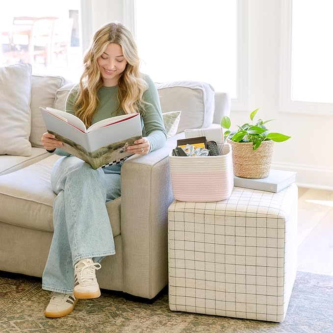 NaturalCozy Storage Cubes 9”x9”x7”Cotton Rope Woven Baskets for Organizing 3-Pack | 9 Inch Cube Storage Bin | Small Basket for Shelf Nursery, Pantry, Decorative Plant, Bathroom Closet, Toy Gift
