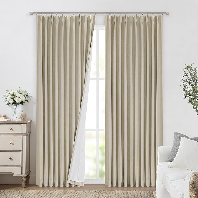 Vision Home Sand Pinch Pleated Full Blackout Curtains Linen Blended Room Darkening Window Curtains 72 inch for Living Room Bedroom Thermal Insulated Pinch Pleat Drapes with Hooks 1 Panel 60" Wx72 L