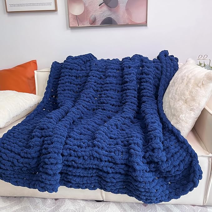 Chunky Knit Blanket Throw 40"x60", Chenille Throw Blankets, Handmade Warm & Cozy Blanket Couch Bed Home Decor, Soft Breathable Fleece Banket, Christmas for Couch Bed Sofa Best Gift (Navy Blue)