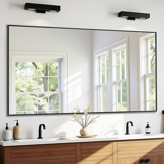 Bathroom Mirror 55" x 30", Large Rectangle Wall Mirror, Black Metal Frame Wall Mounted Mirrors for Bathroom, Vanity, Bedroom, Entryway Decor(Horizontal/Vertical)