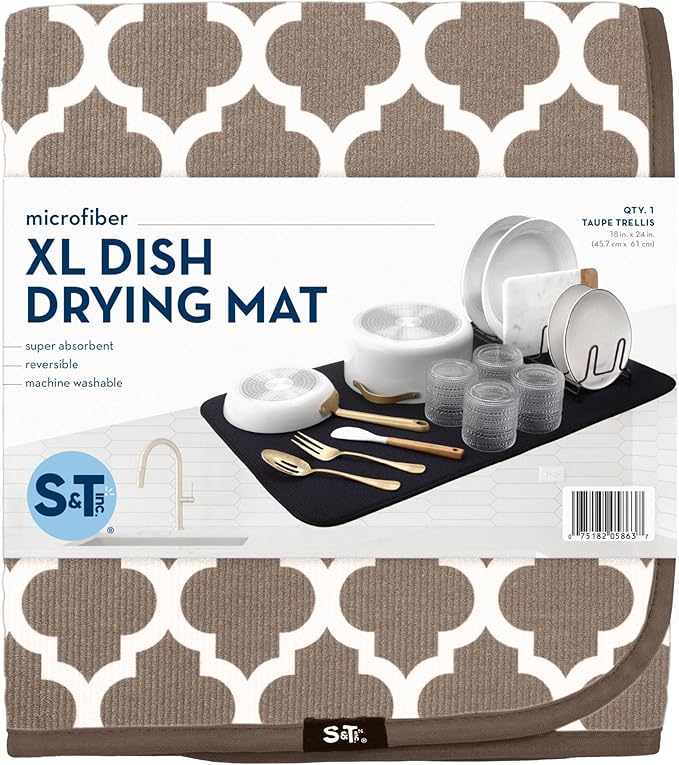 S&T INC. Dish Drying Mat XL, 18” x 24”, Absorbent Microfiber Kitchen Counter Mat, Dish Drying Pad for Dishes, Utensils, Pots and Pans, Extra Large, Taupe Trellis