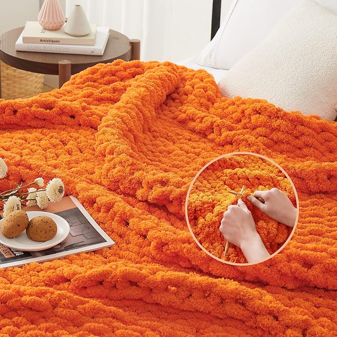 L'AGRATY Chunky Knit Blanket Throw: 50''x60'' Chenille Chunky Knitted Throw Blanket for Bed Couch - Handmade Thick Big Cable Knit Blanket - Large Chunky Crochet Rope Blanket for Home Decor(Orange)