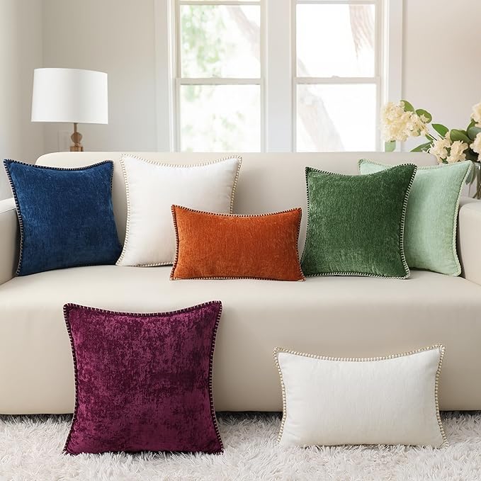 decorUhome Chenille Soft Throw Pillow Covers 12x20 Set of 2, Lumbar Velvet Farmhouse Neutral Decorative Euro Pillow Covers with Stitched Edge for Couch Sofa Bed Home Decor, Beige