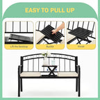 AVAWING Outdoor Metal Garden Bench, 2-Seat Patio Porch Bench with Steel Frame, Park Bench w/Pullout Middle Table＆ Cushion for Backyard Lawn Deck Entryway, Black