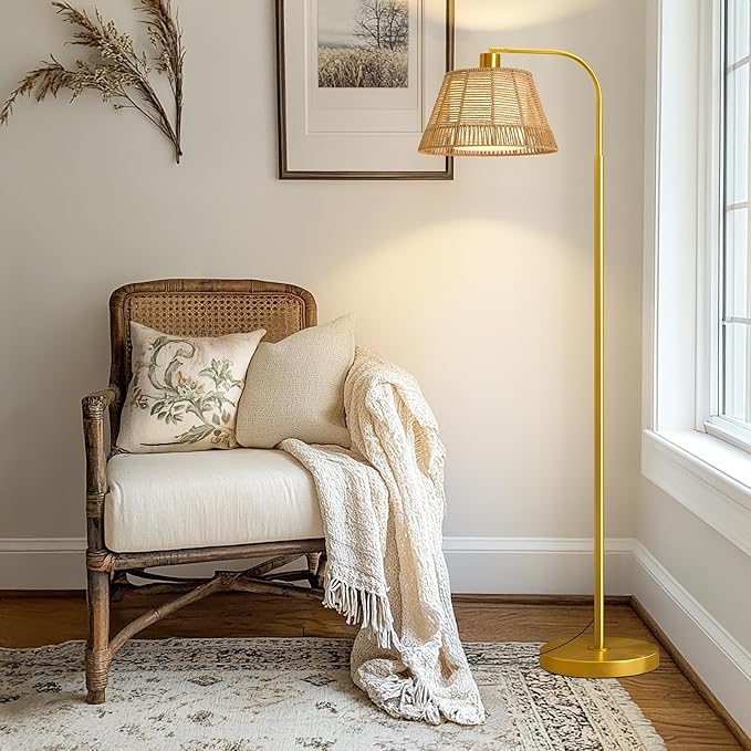 Oneach Arc Floor Lamp for Living Room,Rattan Boho Floor Lamp with Hand-Woven Wicker & Fabric Shade, Foot Switch,Gold Metal Base & Pole,Farmhouse Standing Lamp for Bedroom Corner,Office,Reading