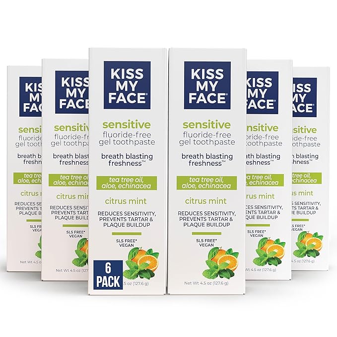 Kiss My Face Sensitive Toothpaste Gel, Citrus Mint Gel, Protection for Sensitive Teeth and Gums, with Tea Tree Oil, Aloe and Iceland Moss, Fluoride Free, Vegan, 4.5 oz, 3 Pack