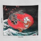 Houselerax Koi Fish Tapestries,Japanese Style Yin Yang Big Wave Cherry Blossoms Tapestry Wall Hanging for Bedroom Living Room Office Decor 60"x50"