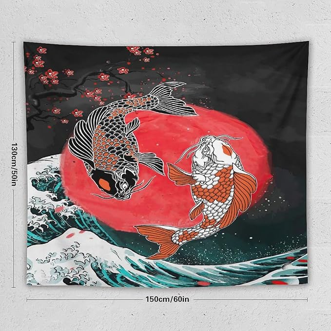 Houselerax Koi Fish Tapestries,Japanese Style Yin Yang Big Wave Cherry Blossoms Tapestry Wall Hanging for Bedroom Living Room Office Decor 60"x50"
