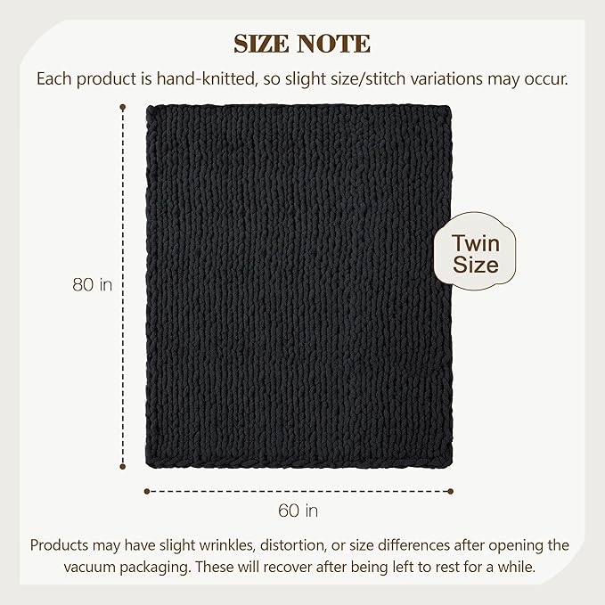 Carriediosa Chunky Knit Throw Blanket 60" X 80" Twin, 100% Hand Made Large Chenille Loop Yarn Soft Fluffy Throws for Couch Sofa Bed, Big Crochet Cozy Heavy Thick Cable Woven Blankets, Black