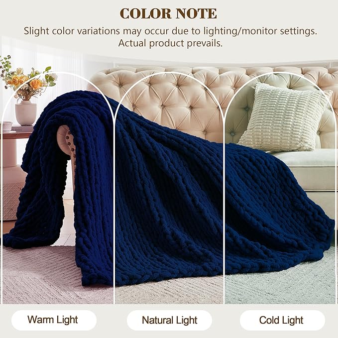 Carriediosa Chunky Knit Throw Blanket 60" X 80" Twin, 100% Hand Made Large Chenille Loop Yarn Soft Fluffy Throws for Couch Sofa Bed, Big Crochet Cozy Heavy Thick Cable Woven Blankets, Navy Blue