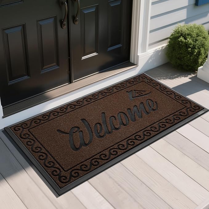 Yimobra Welcome Mat, Heavy Duty Sturdy Door Mats for Home Entrance Outdoor Indoor, Front Doormat for Outside Patio Floor Entry Porch Garage Office, Waterproof, Low Profile, 47 x 24, Coffee