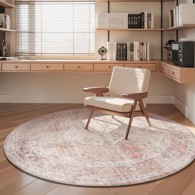 AMOAMI 6FT Round Vintage Soft Pink Rug - Non Slip Circle Machine Washable Rug for Living Room, Bedroom, Office Under Table