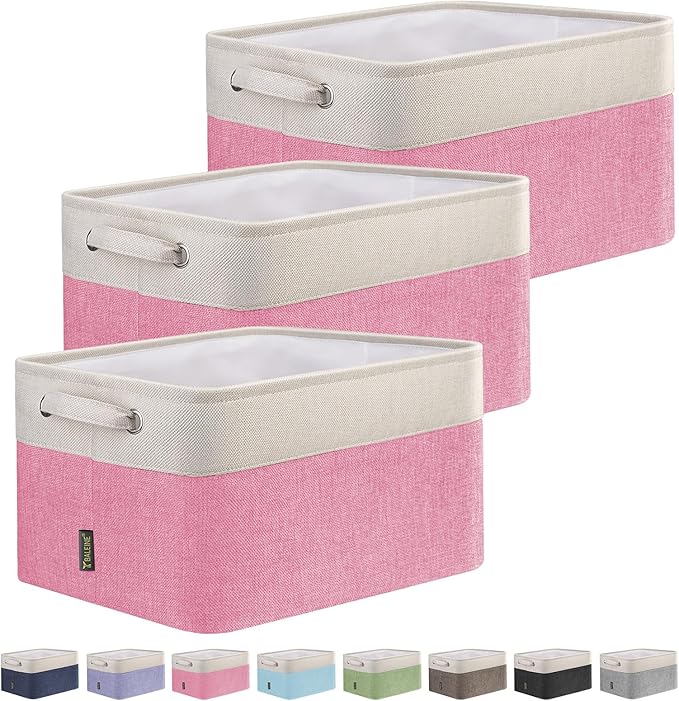 BALEINE 3 Pack Fabric Storage Bins for Shelves, Linen Storage Baskets for Organizing, Decorative Closet Bins for Clothes, Home (Pink, 12"x8"x8")