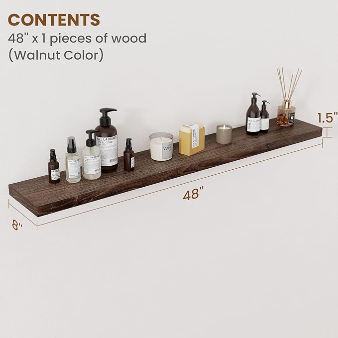 Floating Shelves for Wall Decor, 8 Inch Deep Rustic Solid Elm Wood Floating Shelves Wall Mounted, Wall Shelves with Invisible Bracket for Living Room Bathroom Bedroom Kitchen, 48 Inch Set of 1, Walnut