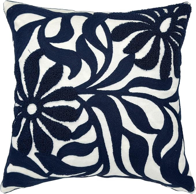 Alysheer Farmhouse Floral Leaves Embroidered Decorative Throw Pillow Cover 18x18 inches, Boho Tufted Flowers Embroidery Pattern Chic Cotton Cushion Case for Couch Bed Sofa Living Room(Navy Blue)