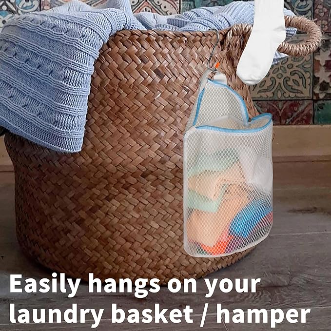 5Pcs Hanging Laundry Bags for Socks with S Hooks, 5 Color Mesh Laundry Bags for Washing Machine