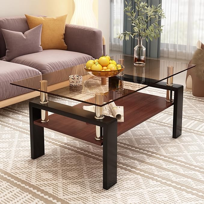39" Brown Glass Coffee Table Walnut Modern Living Room Center Table Rectangle, with Wooden MDF Storage Layer, Black Metal Leg, for Small Apartment and Office, Brown