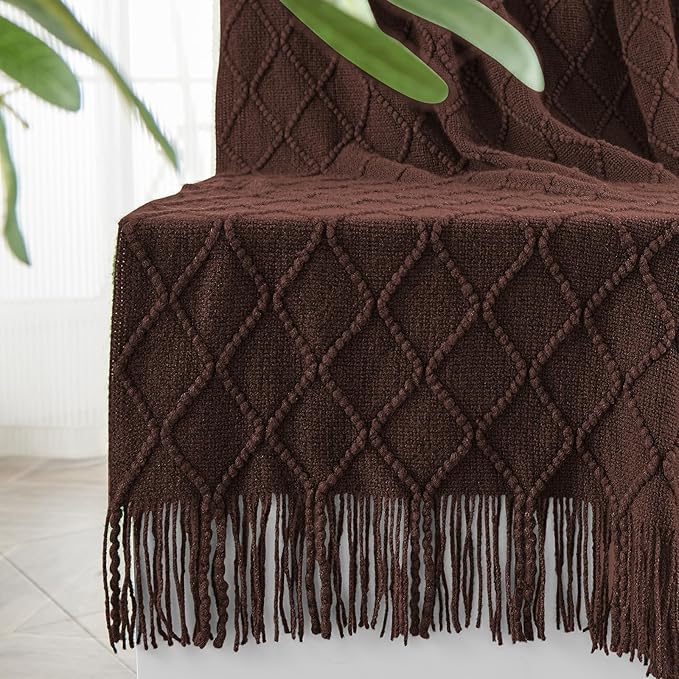 inhand Knitted Throw Blankets for Couch and Bed, Soft Cozy Knit Blanket with Tassel, Diamond Brown Lightweight Decorative Blankets and Throws, Farmhouse Warm Woven Blanket for Men and Women, 60"x80"