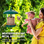 Metal Bird Feeder for Outdoors Hanging,3.0LB Seed Feeder,Easy to Fill & Clean,360° Feeding,Chew Proof Weatherproof Roof for Gardens and Wild Birds,Green