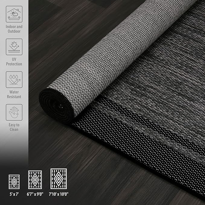 CAMILSON Indoor Outdoor Rug, 6x9 Bordered Dark Grey Black Modern Area Rugs for Indoor and Outdoor Patios, Kitchen and Hallway Mats, Washable Porch Deck Outside Carpet (Bordered Black, 6 x 9)
