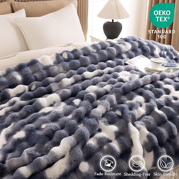 Cozy Faux Fur Throw Blanket for Bed Warm Fuzzy Throw Blanket, Soft Plush Thick Bubble Blankets for Bedroom and Living Room, Furry Luxury Blanket, 90 x 90,Tie-Dye Blue