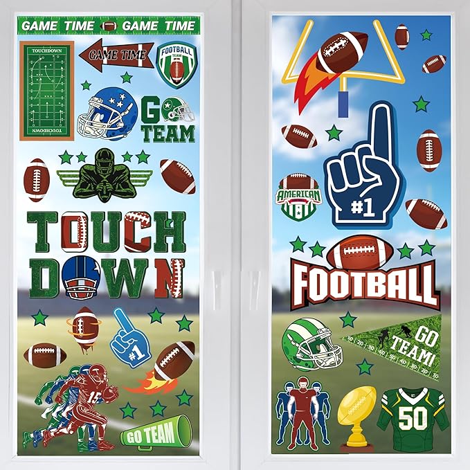 Football Window Clings, Football Party Decorations, Touch Down Party Window Stickers, Green Brown Themed Stickers Decal Gel for Touchdown Party Decor Accessories Set