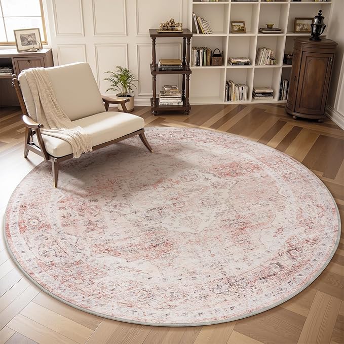 AMOAMI 6FT Round Vintage Soft Pink Rug - Non Slip Circle Machine Washable Rug for Living Room, Bedroom, Office Under Table