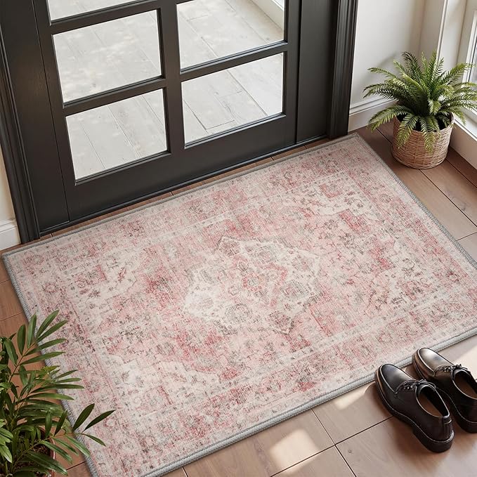 AMOAMI-2X3 Small Rug-Washable Rugs Entryway Mat Indoor-Soft Vintage Non Slip Rugs for Kitchen Laundry Room Bathroom Pink Decorative Accent Rug for in Front of Sink 24 Inch x36 Inch