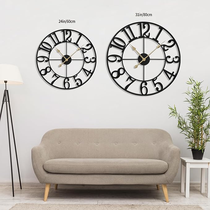 LEIKE 31 Inch Extra Large Wall Clock, Retro Decorative Oversized Silent Little Ticking Battery Operated,Black Metal Arabic Numerals Wall Clocks for Living Room,Office,Entrance Farmhouse Decor