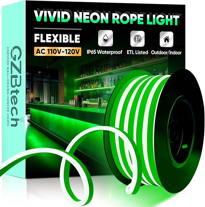 GZBtech Flexible LED Neon Rope Lights 16.4FT,AC 110-120V Waterproof Strip Light, 120 LEDs/M Cuttable Connectable Neon Lighting for Indoor Outdoor Home Decor/Commercial Building Use-Green 5M