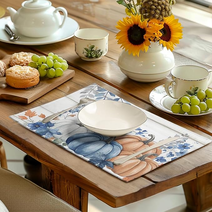 Autumn Placemats Blue Pumpkin Fall Place Mat Eucalyptus Leaves Floral Wood Grain Table Mats Thanksgiving Harvest Linen Placemat Party Kitchen Dining Decoration 12x18 Inch Set of 4