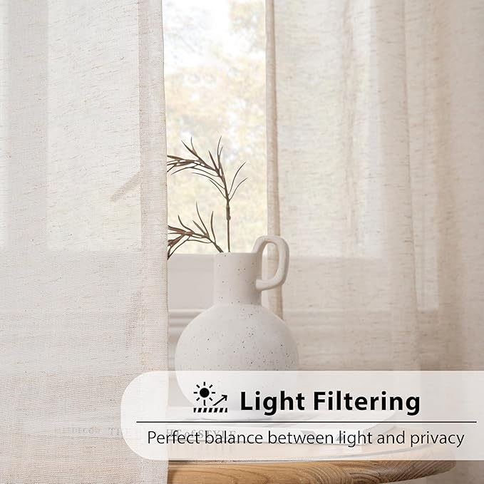 FMFUNCTEX Linen Sheer Curtains for Bedroom, Taupe Curtains 84 inches Long for Living Room, Brown Farmhouse French Flax Blend Window Draperies, Rod Pocket 2 Panels Set