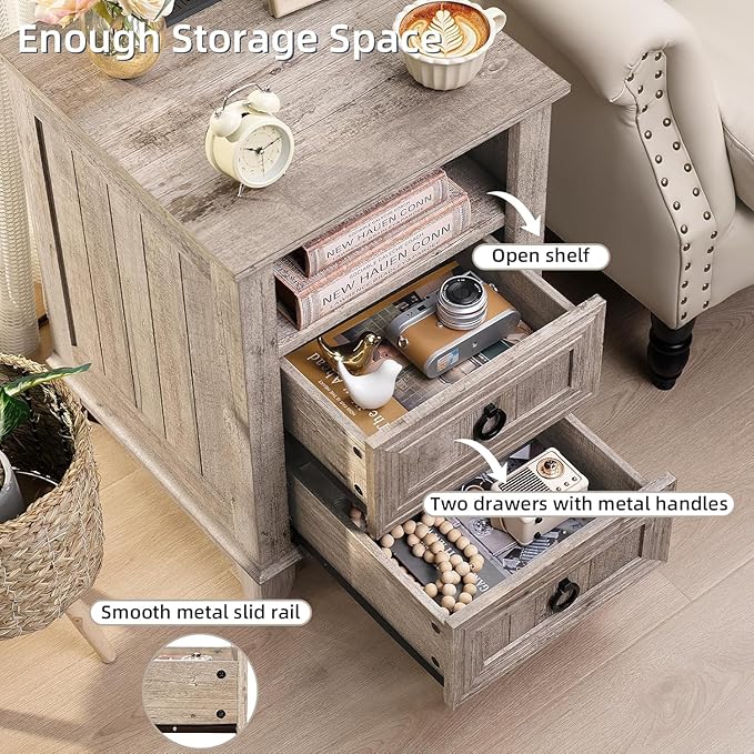 18" Farmhouse Night Stands Set of 2 with Charging Station, 2 & 3 Drawers End Table Dresser for Bedroom, Oak Wooden Nightstand, Bed Side Table with Open Shelf, Bedside Cabinet for Living Room