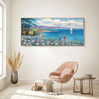 XLSJERST Large Landscape Wall Art - Blue Ocean Pink Flower Sailboat Mountain Tree Wall Decor Orange Frame Artwork for Wall Large Picture for Living Room Bedroom Home Office Decoration Size 29x58