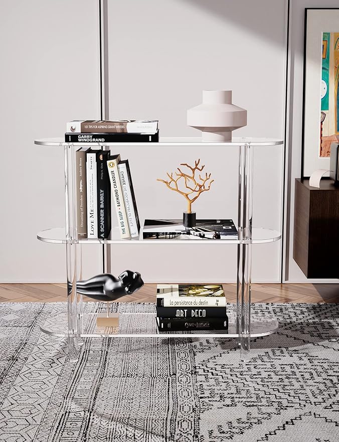 Clear Bookshelf, Acrylic Bookcase with Open Book Shelf Console Table for Entryway Office Living Room Bedroom (3 Tier Clear)