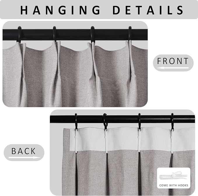 Macochico Browish Grey 100% Blackout Linen Curtains 96 Inches Long Pinch Pleated Curtains for Bedroom Living Room Nursery Farmhouse Insulated Sound Reducing Drapery with Tieback 84”Wx96”L 1 Panel