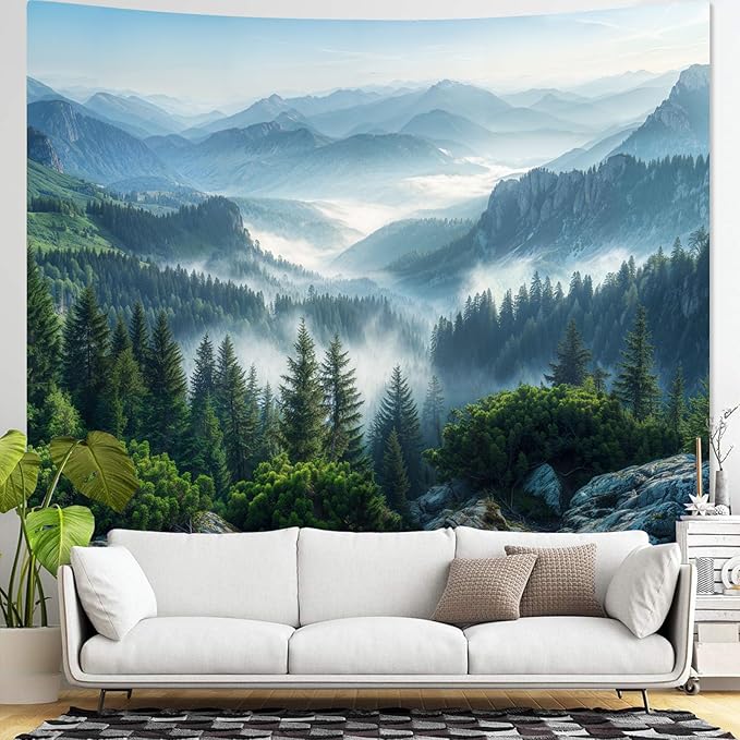 AMM Nature Forest Mountain Tapestry Green Misty Pine Tree Tapestry for Bedroom Aesthetic Foggy Woodlands Sky Landscape Tapestries Wall Hanging for Living Room Dorm 90 x 68 Inch