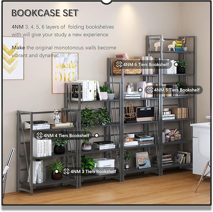 4NM No Assembly Foldable Bookshelf, 6-Shelf Collapsible Bookcase Storage for Small Spaces, 74" H, All Black