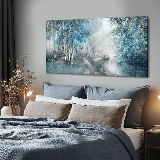 SOUGUAN Landscape Art Posters Blue Pictures Wall Decor Grey Forest Wall Prints Botanical Artwork for Dining Room Bedroom 20"x 40" Contemporary Wall Art